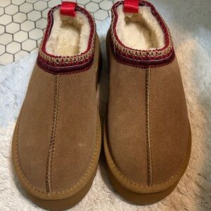 Brown Suede Mules with Red Trim